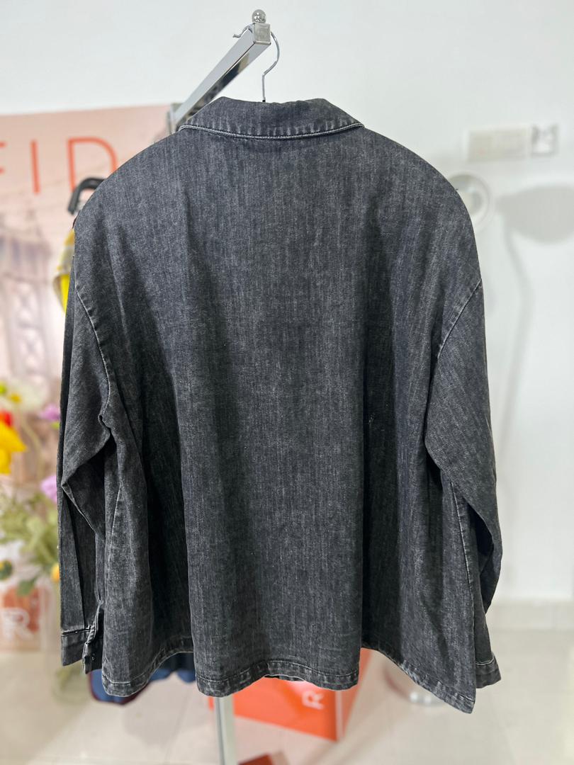 Raffida Denim Floral Oversized Blouse In Black