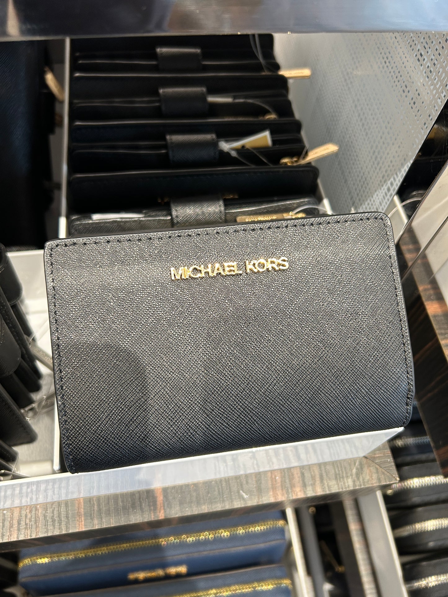 Michael Kors Jet Set Travel Medium Bifold Zip Corner Wallet In Saffiano Black Gold