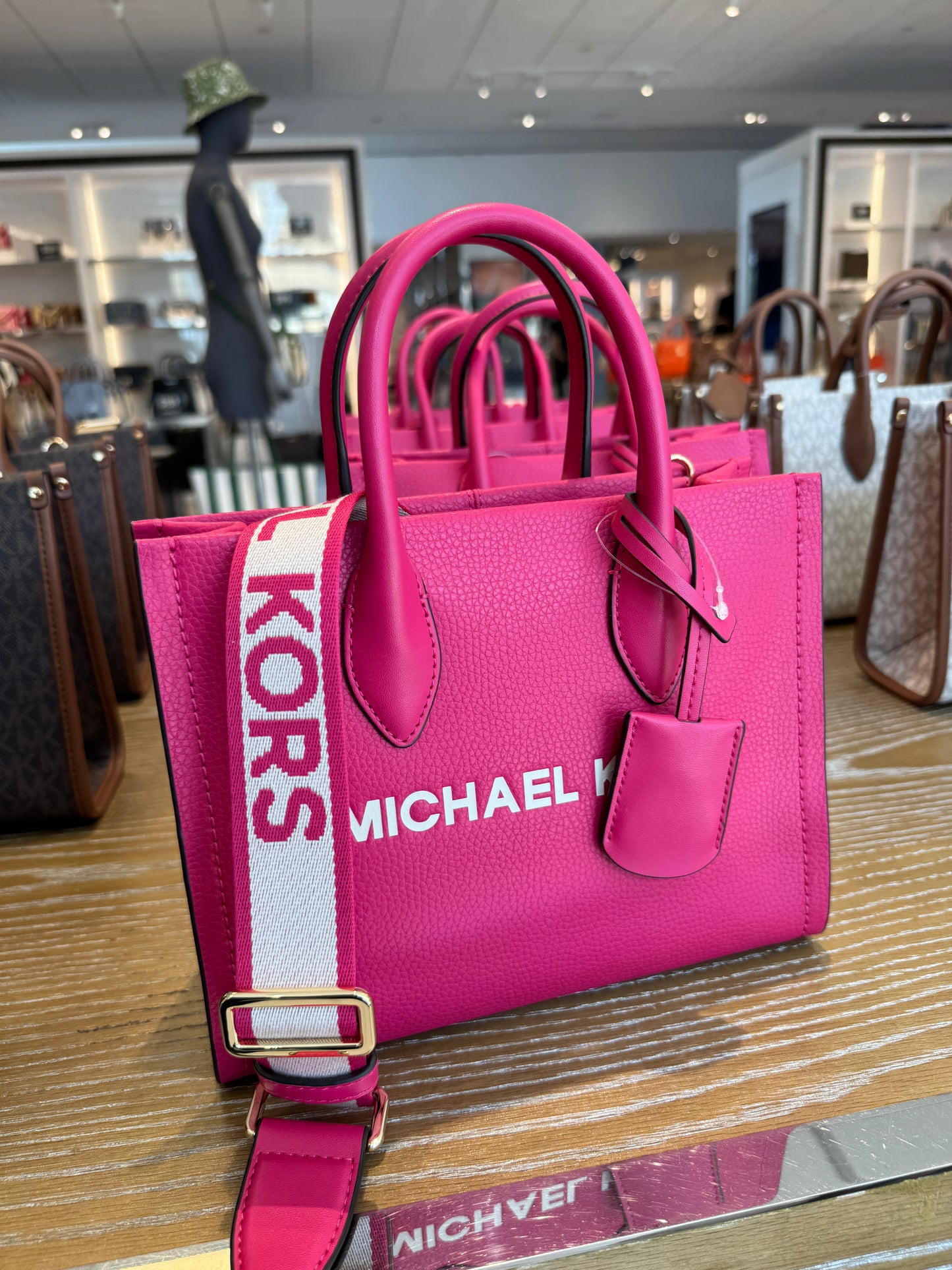 Michael Kors Mirella Small Tote In Electric Pink With Woven Shoulder Stripe (Pre-Order)