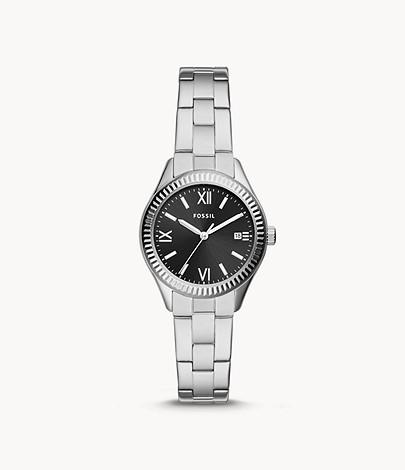 Fossil Women Rye Three-Hand Date Stainless Steel Watch In Black BQ3637