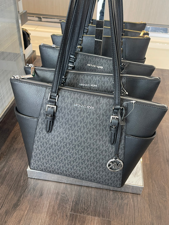 Michael Kors Charlotte Large Tote In Monogram Charcoal Black (Pre-Order)