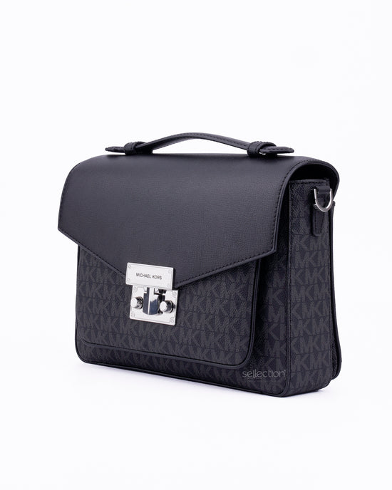 Michael Kors Rose Medium Top Handle Messenger Flap Bag In Monogram Black