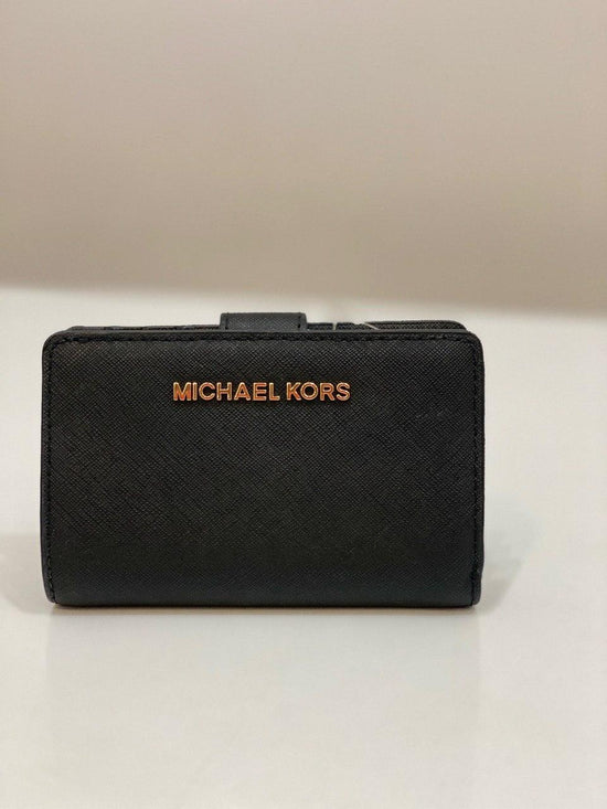 Michael Kors Jet Set Travel Medium Bifold Zip Corner Wallet In Saffiano Leather Black Gold
